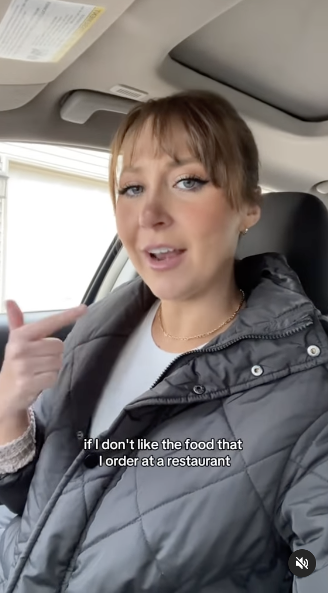 Devon in a car giving a thumbs-up with caption about liking or not liking the restaurant food she orders