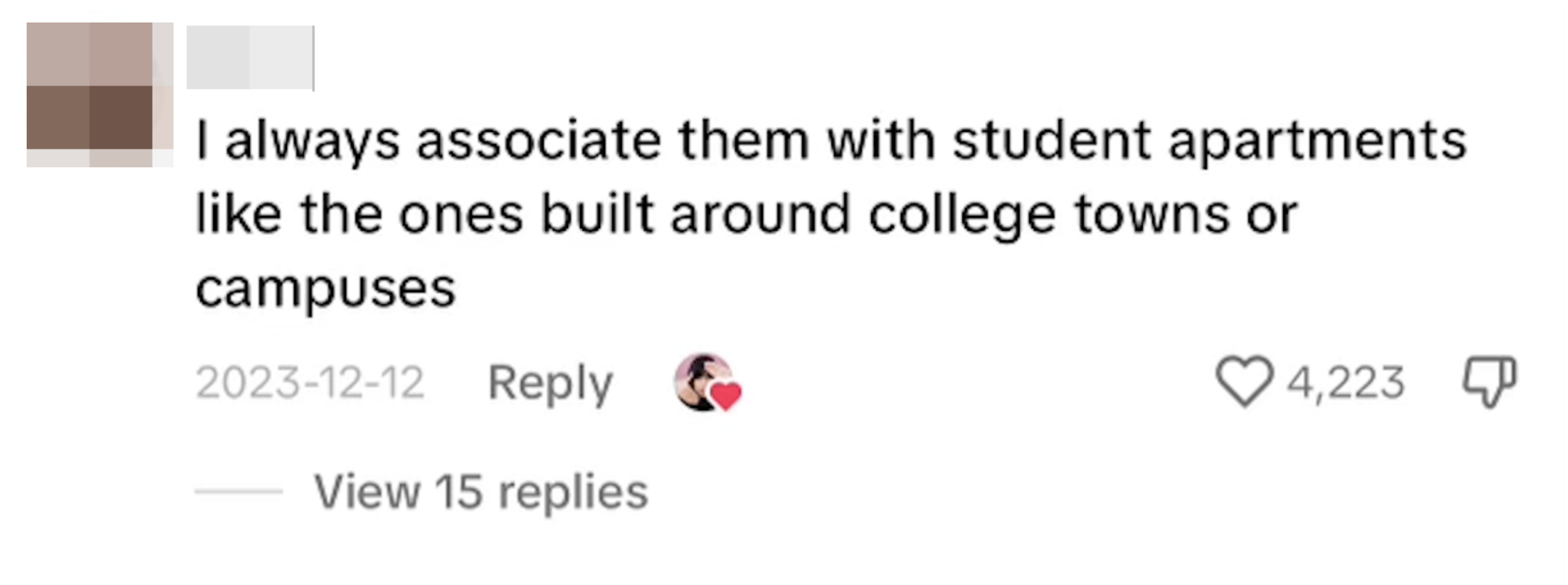 Comment saying &quot;I always associate them with student apartments like the ones built around college towns or campuses&quot;