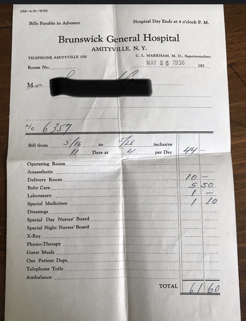 Invoice dated May 26, 1936, from Amityville, New York&#x27;s Brunswick General Hospital: Hospital fee was $4 a day for $44; delivery room was $10, baby care was $5.50, lab $1, special medicines $1.10, for a total of $61.60