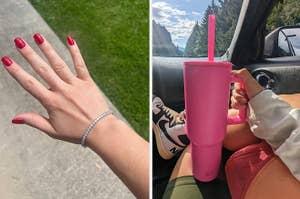 reviewer wearing a rhinestone bracelet and reviewers pink tumbler cup