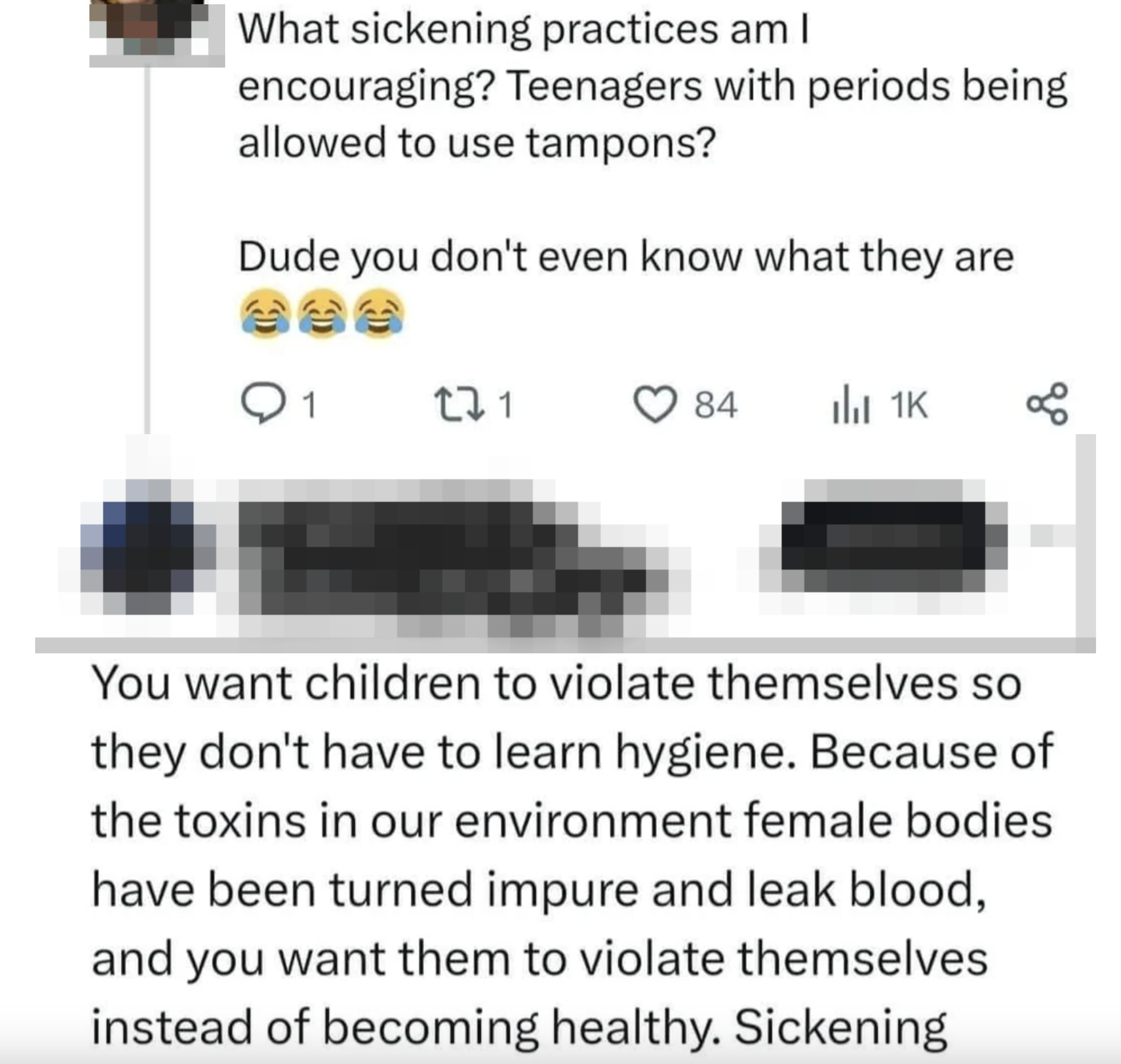 Arguing against teens using tampons: &quot;You want children to violate themselves so they don&#x27;t have to learn hygiene; because of the toxins in our environment female bodies have been turned impure and leak blood&quot;