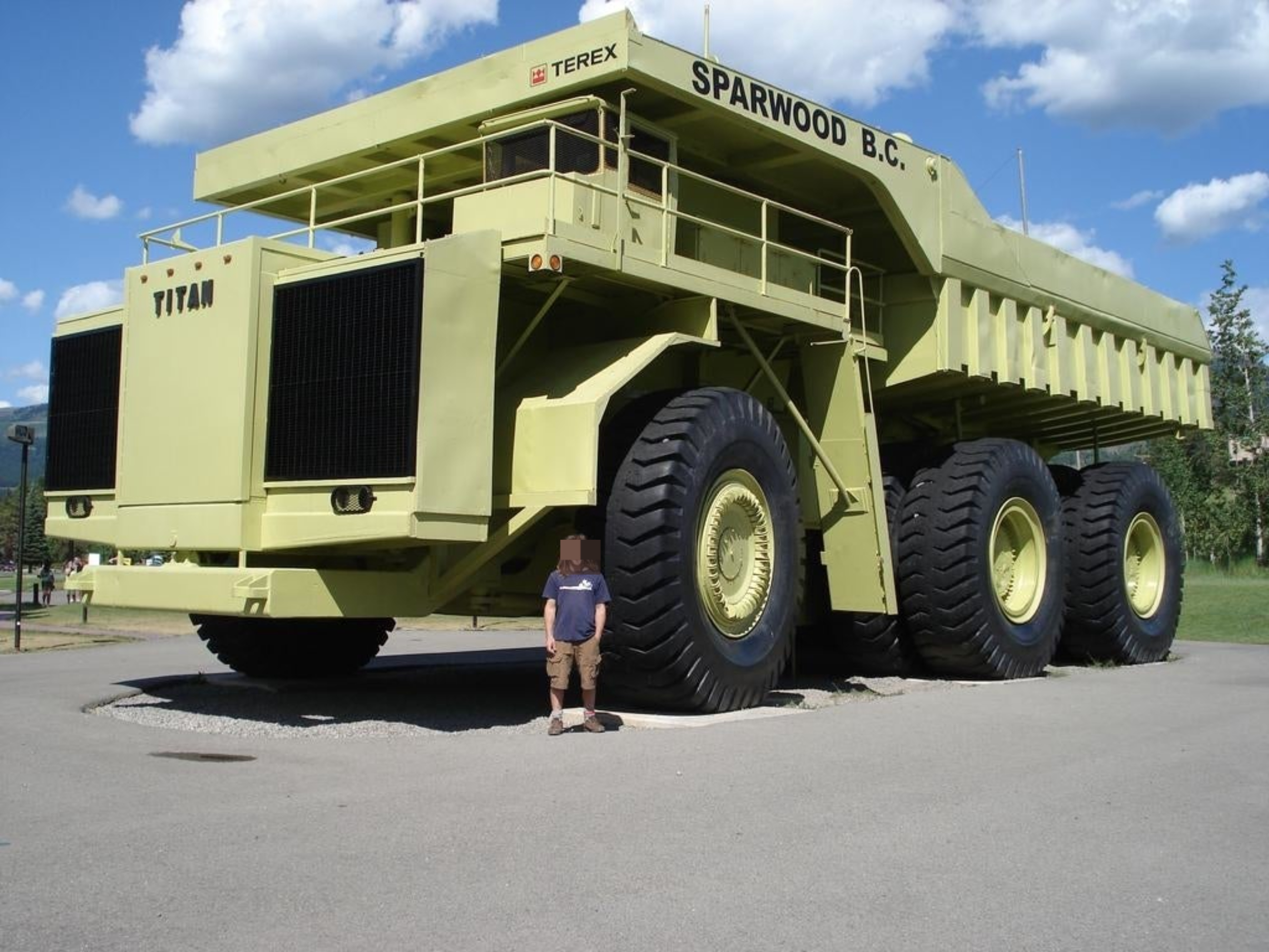 A person standing next to the truck — the person reaches about half the height of the wheel