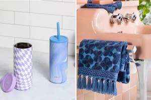 on left: pink white checkered tumbler and blue marble tumbler. on right: blue floral-print towel on bathroom sink