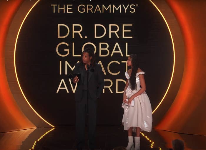 Jay-Z and Blue Ivy onstage at the Grammys