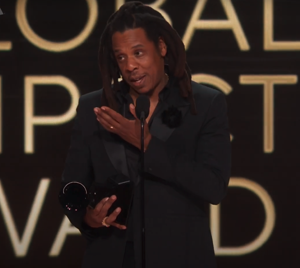 A closeup of Jay-Z accepting his award