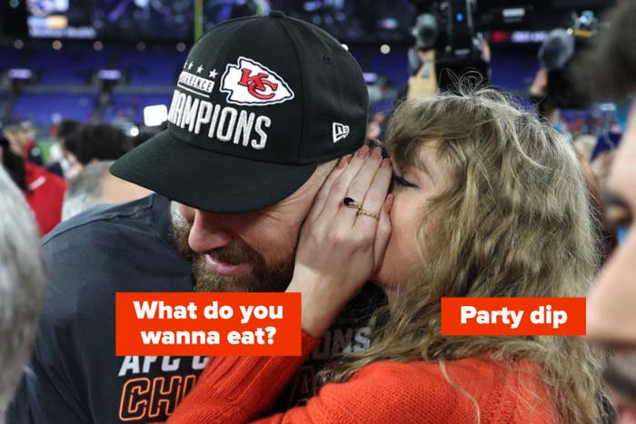 Taylor Swift whispering in Kelce&#x27;s ear with fake caption, &quot;What do you wanna eat? / Party dip&quot;