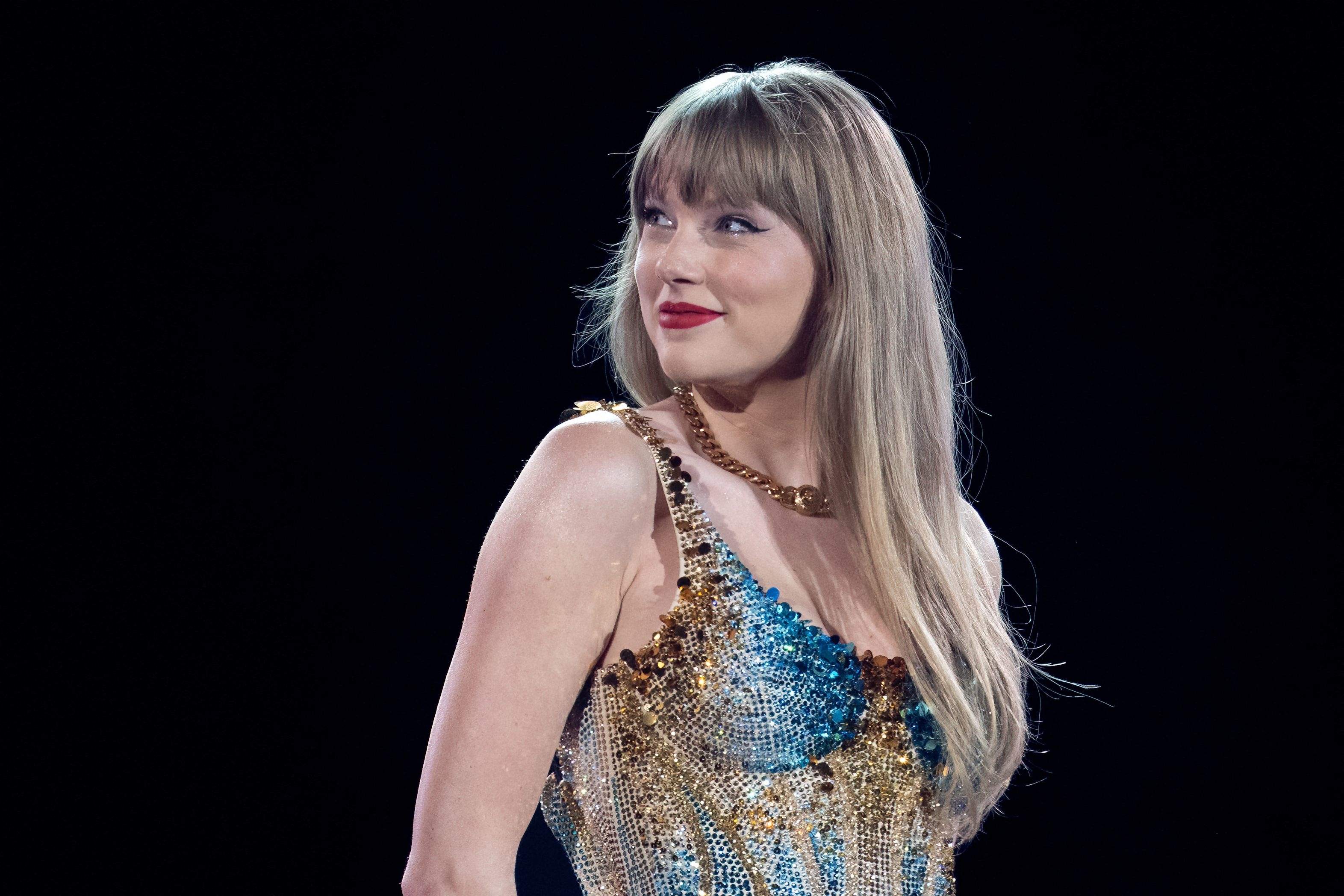 Closeup of Taylor Swift onstage
