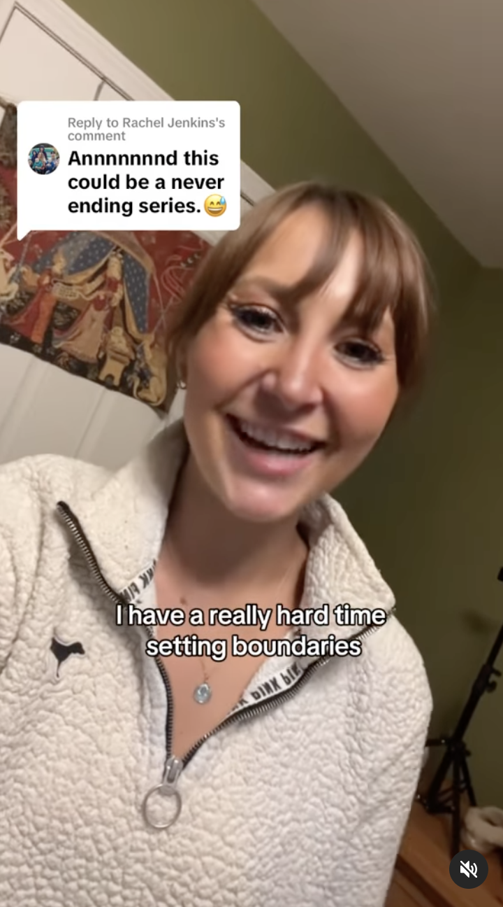 Devon smiling at the camera with text overlay: "I have a really hard time setting boundaries"