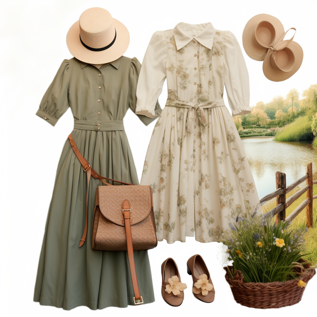 floral and long button down dresses with collars and sun hats