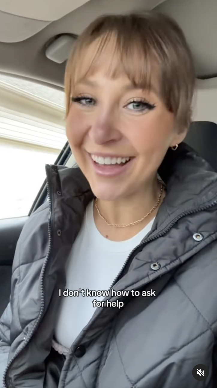 Devon in a car wearing a necklace and coat, smiling at the camera, with caption: "I don't know how to ask for help"