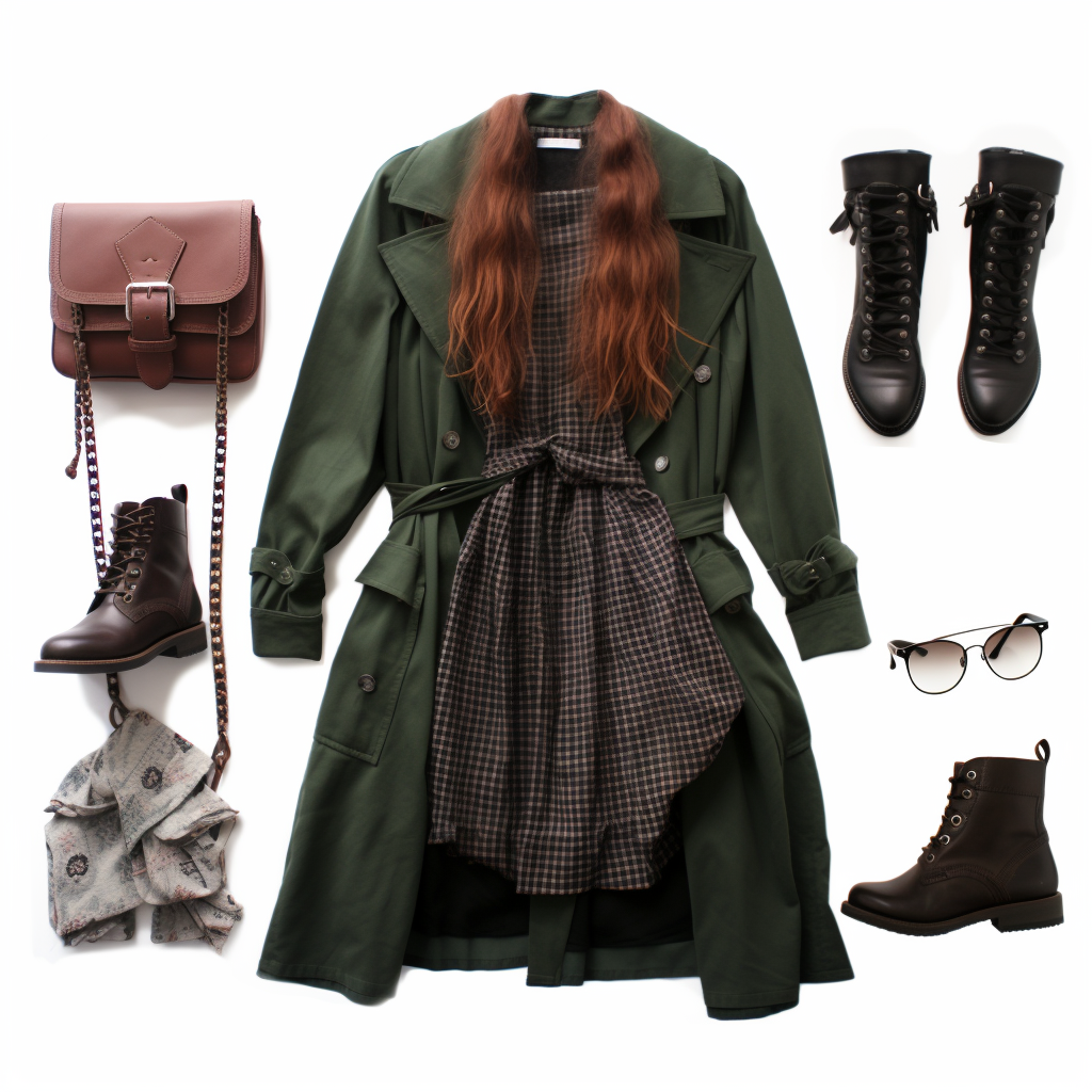 long trench coat with hair on the collar and utility boots