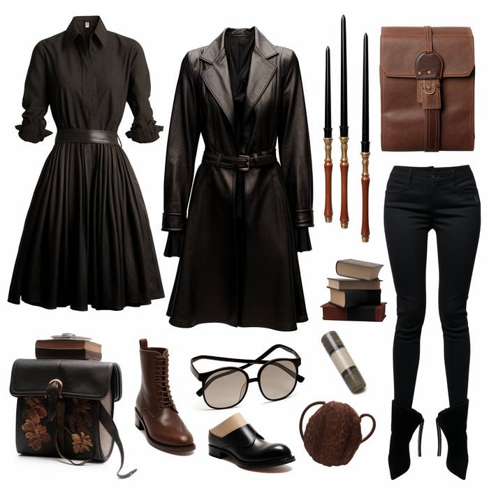 leather and dark dresses, pants, tie up boots, leather embroidered bag, and loafers