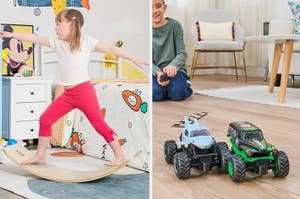 on left: child standing on wood balance board, on right: kids playing with blue and green remote control monster trucks