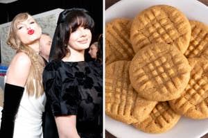 On the left, Taylor Swift and Lana Del Rey, and on the right, a plate of peanut butter cookies