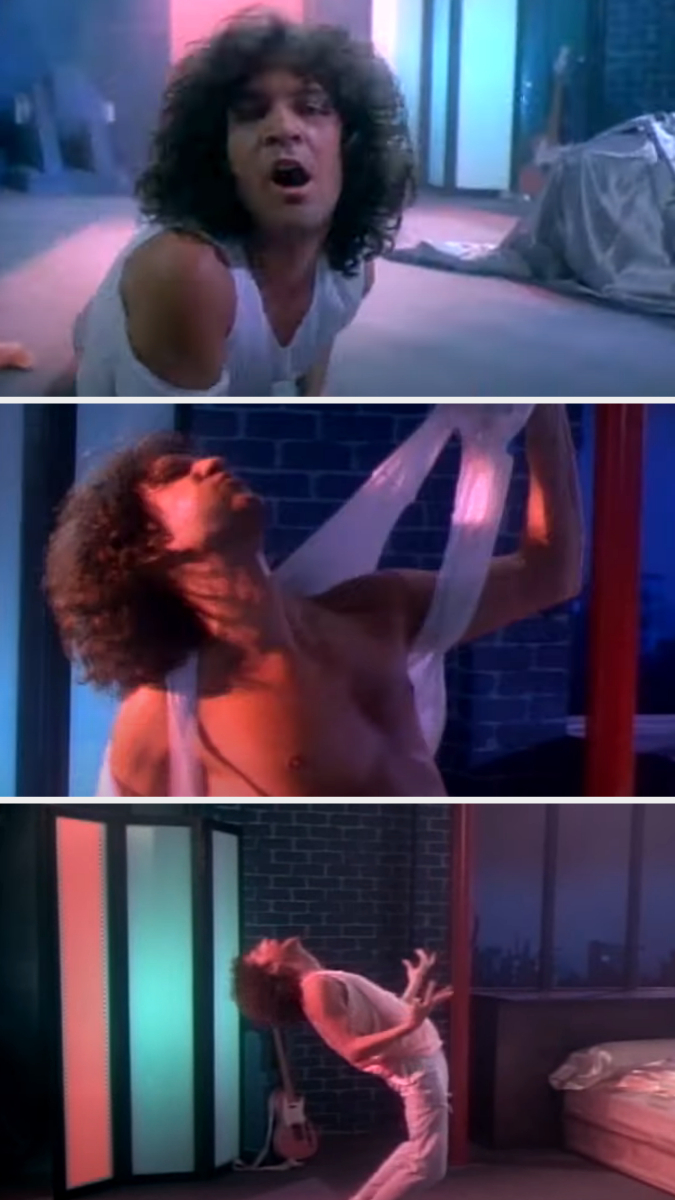Three images of Billy Squier, wearing white clothing, performing expressive dance moves inside a dimly lit, colorful room