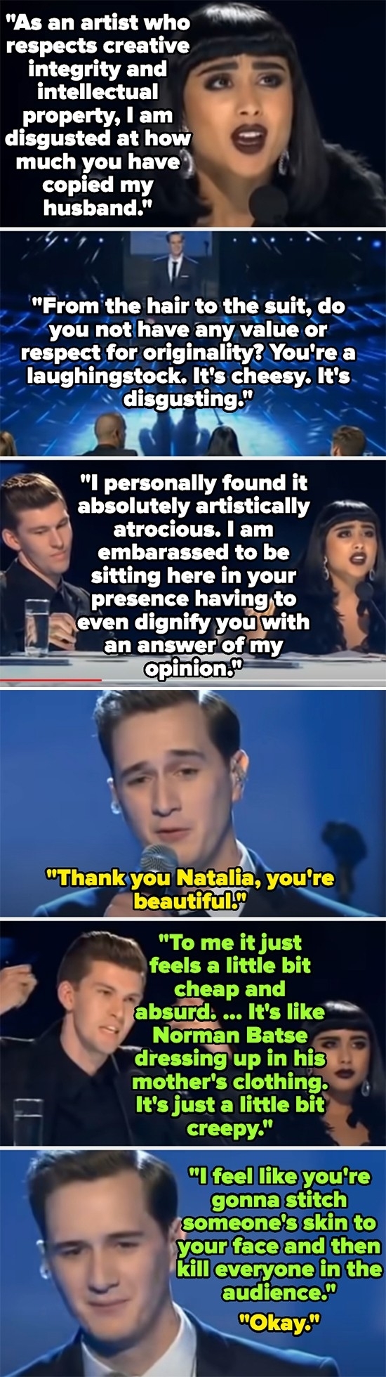 the two being mean about his appearance and calling him a copy of Willy Moon while the contestant stands on stage awkwardly