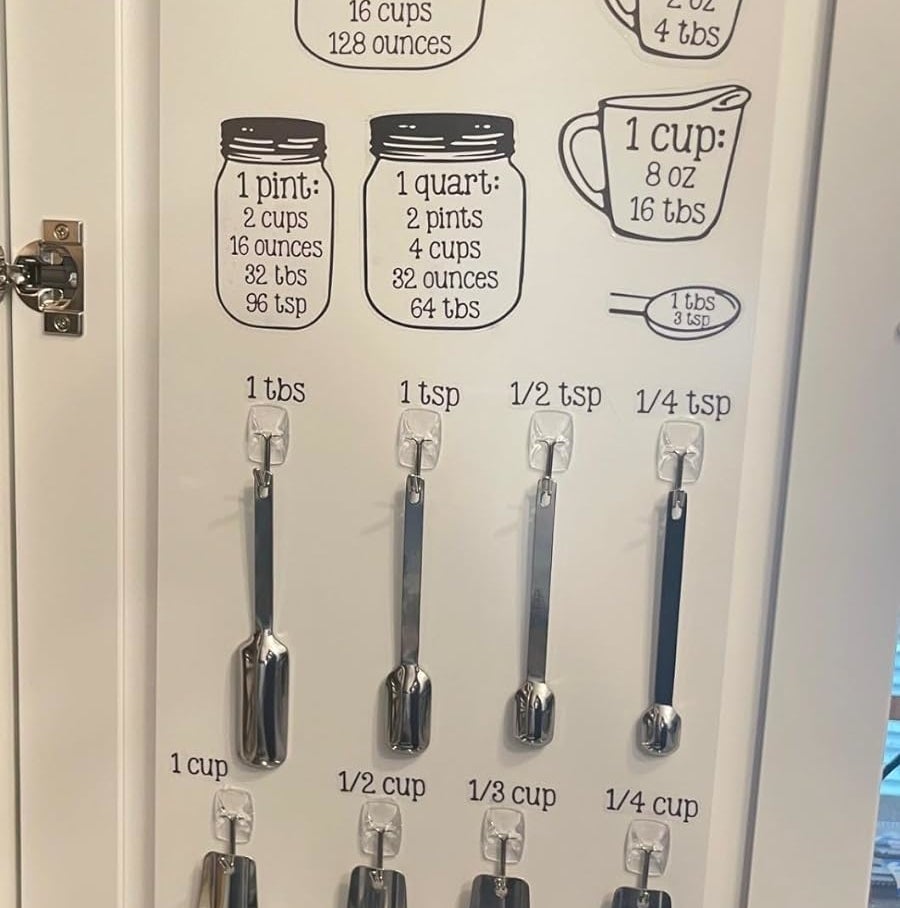 reviewer photo showing inside of cabinet where clear Command hooks are being used to hang measuring spoons