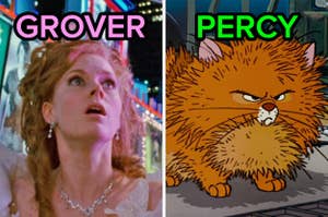On the left, Giselle from Enchanted labeled Grover, and on the right, Oliver from Oliver and Company labeled Percy