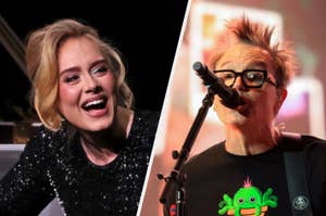 Adele smiling and Mark Hoppus performing.