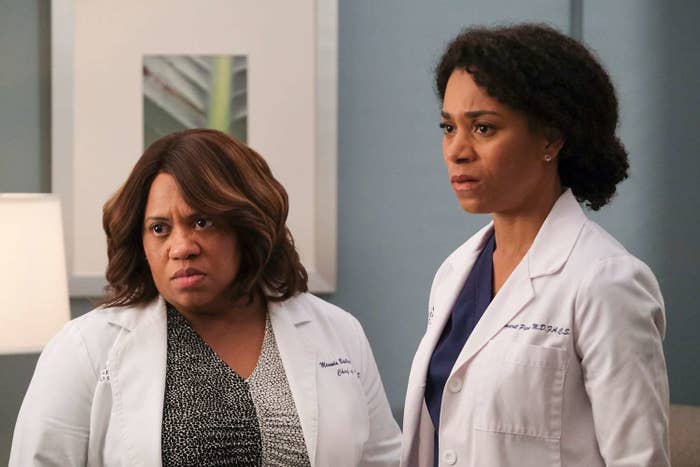 Two doctors from &quot;Grey&#x27;s Anatomy&quot; on ABC  making annoyed faces