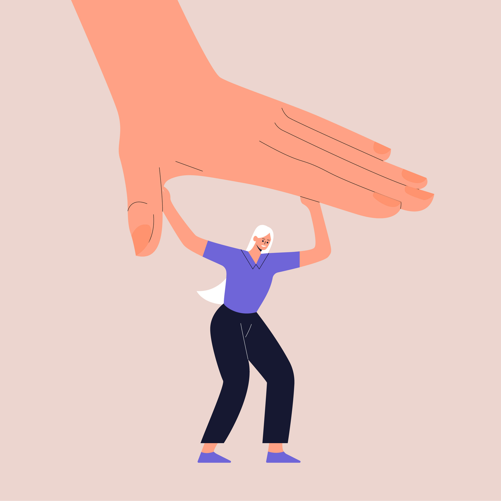 A strong woman fight with a huge hand that tries to crush her. The concept of social pressure, patriarchy, feminism, psychological diseases and health. Vector illustration in flat style
