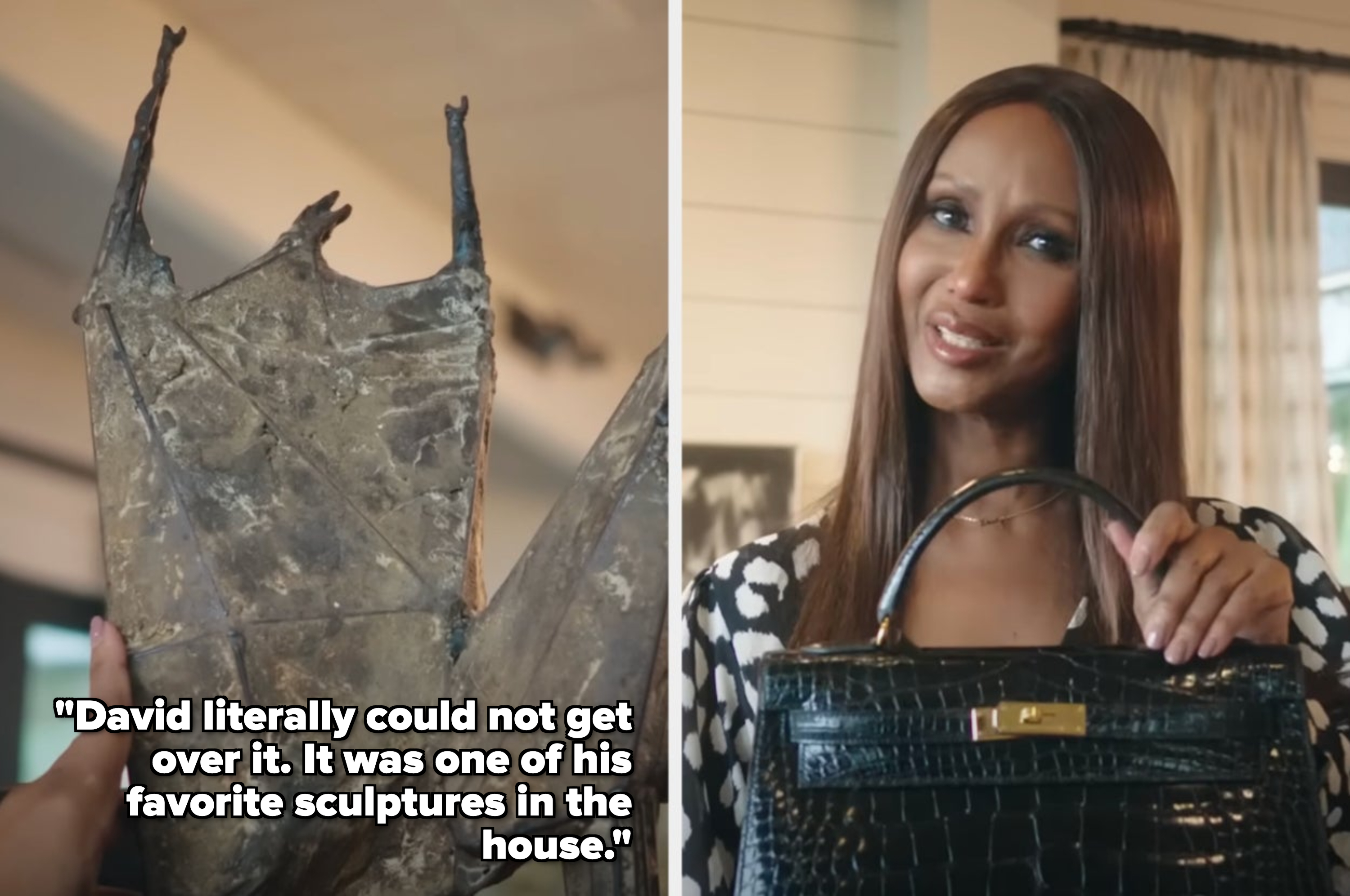 Iman showing off David Bowie&#x27;s favorite sculpture and the Hermes bag he gifted her