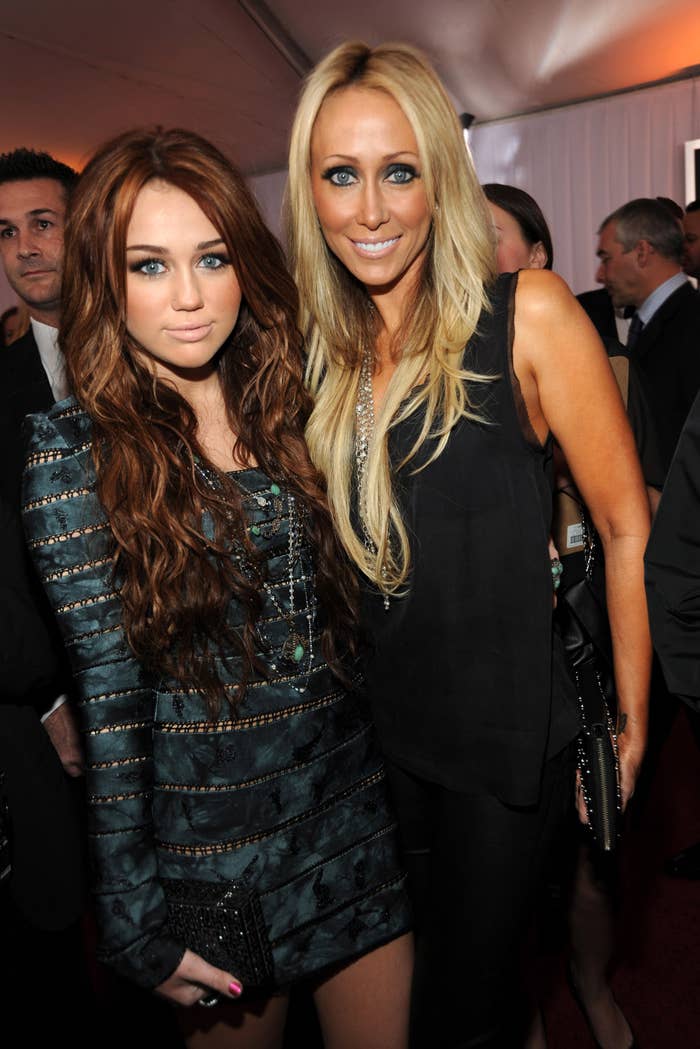 Closeup of Miley and Tish Cyrus at a media event