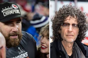 Travis Kelce speaks to reporters while standing with Taylor Swift vs a closeup of Howard Stern