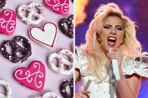 Chocolate covered pretzels next to a separate image of Lady Gaga onstage at the 2017 Super Bowl Halftime show