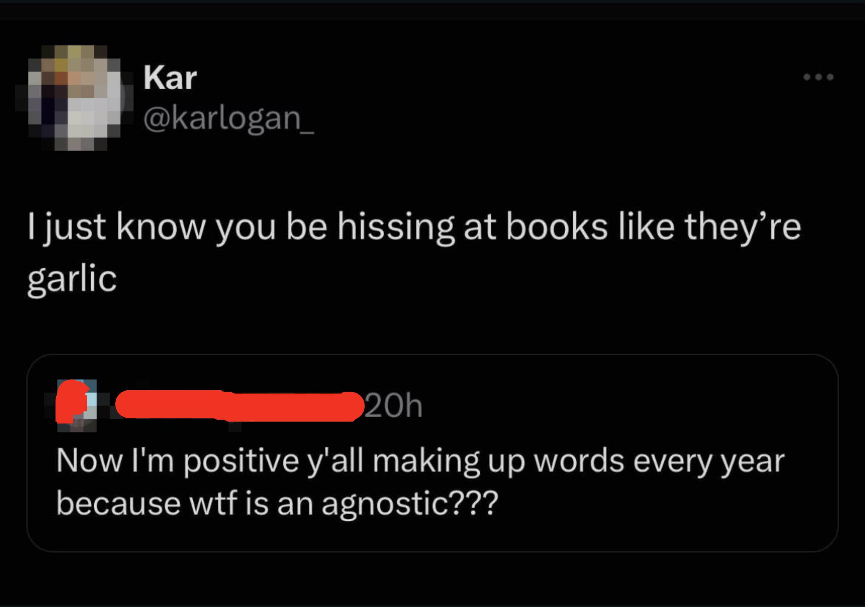 Response: &quot;I just know you be hissing at books like they&#x27;re garlic&quot;; original comment: &quot;Now I&#x27;m positive y&#x27;all making up words ever year because wtf is an agnostic???&quot;