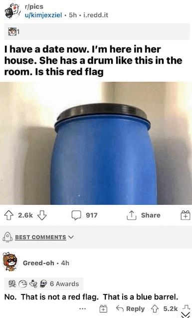 Person on a date in someone&#x27;s house posts photo of what looks like a small blue barrel/cup and says &quot;She has a drum like this in the room; is this a red flag?&quot; and someone says, &quot;No, that is not a red flag; that is a blue barrel&quot;