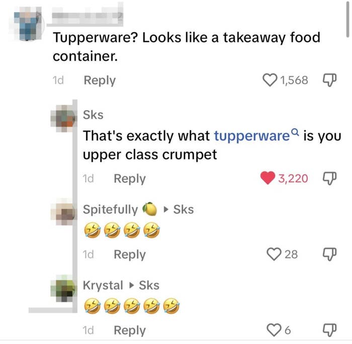 &quot;Tupperware? Looks like a takeaway food container&quot;; response: &quot;That&#x27;s exactly what tupperware is you upper class crumpet&quot;