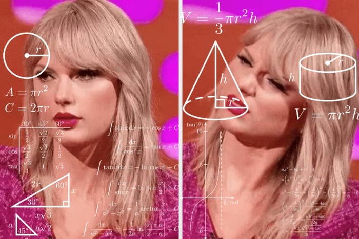 Taylor looking confused with math equations overlaid on her