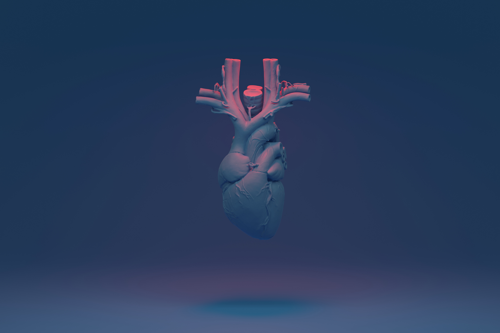 Digital illustration of a medically accurate blue heart on a blue background with red dramatic lighting