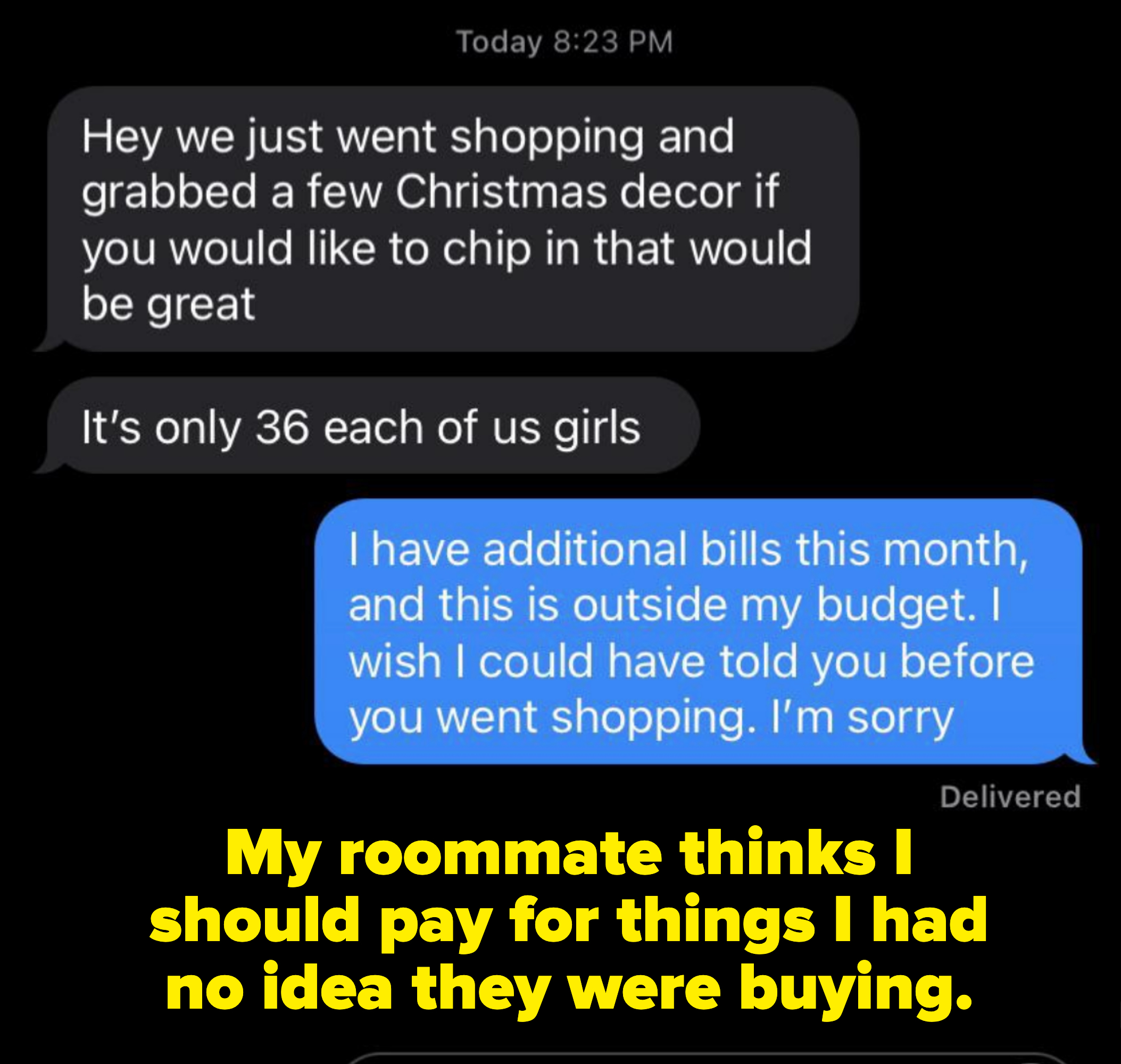 text messages exchanged about new christmas decor bought