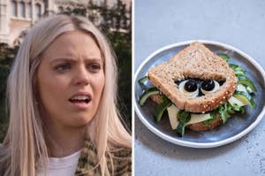 Renee Rap looking confused and sandwich that looks like a spider.