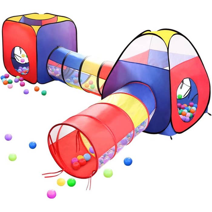 Red, blue and yellow tunnel system with ball pit