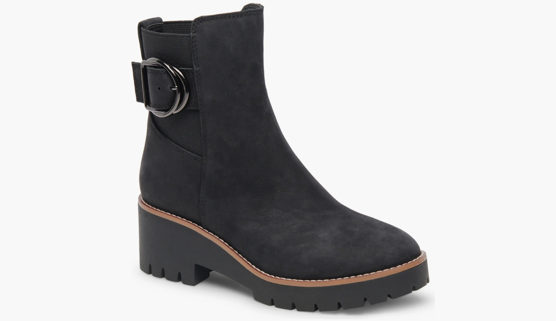 black boots with large buckle on side