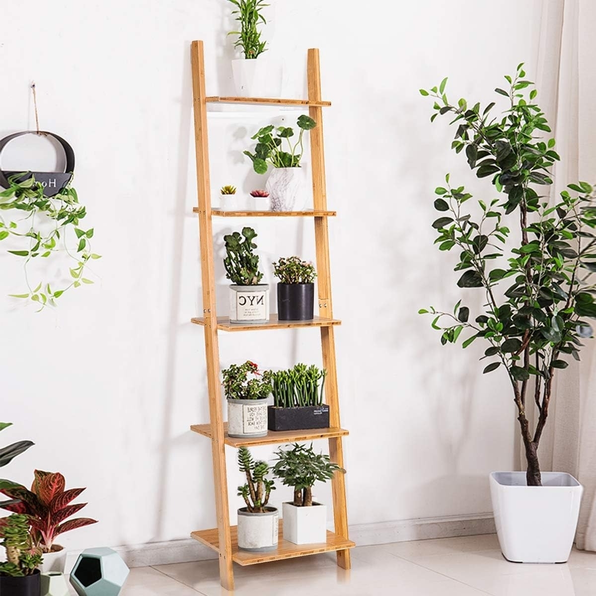 the bamboo five-tier narrow bookcase with plant pots
