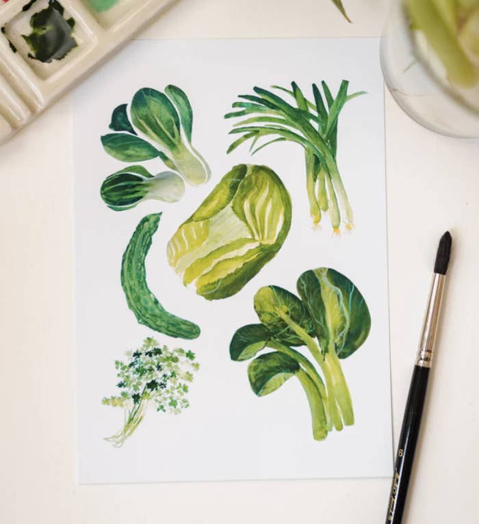 Art print featuring cilantro, green onion, yu choy, bok choy, and napa cabbage.