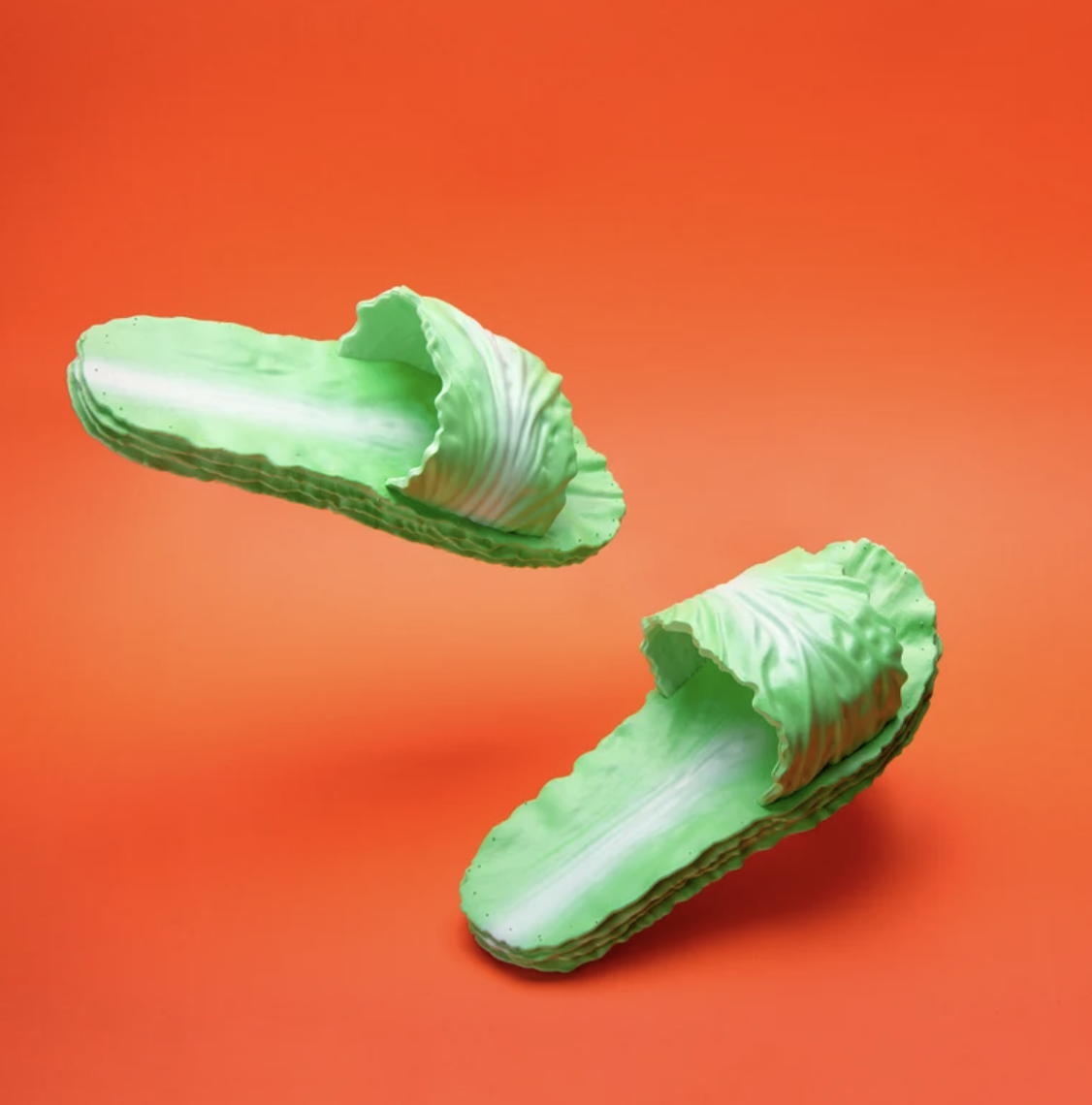Cabbage themed slippers on orange background.