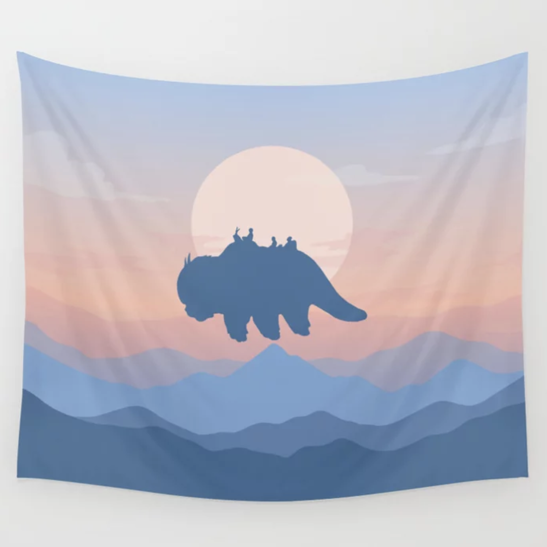 Tapestry of Appa and the Avatar team flying in the sunset
