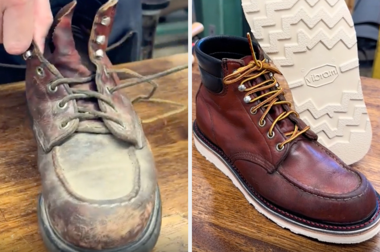 A scuffed, dusty boot and then a cleaned, buffed tan boot