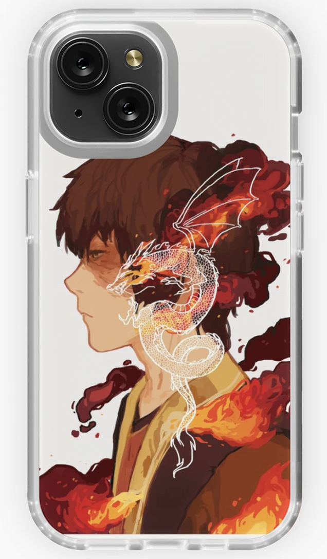 Phone case featuring artwork of Zuko and a dragon.