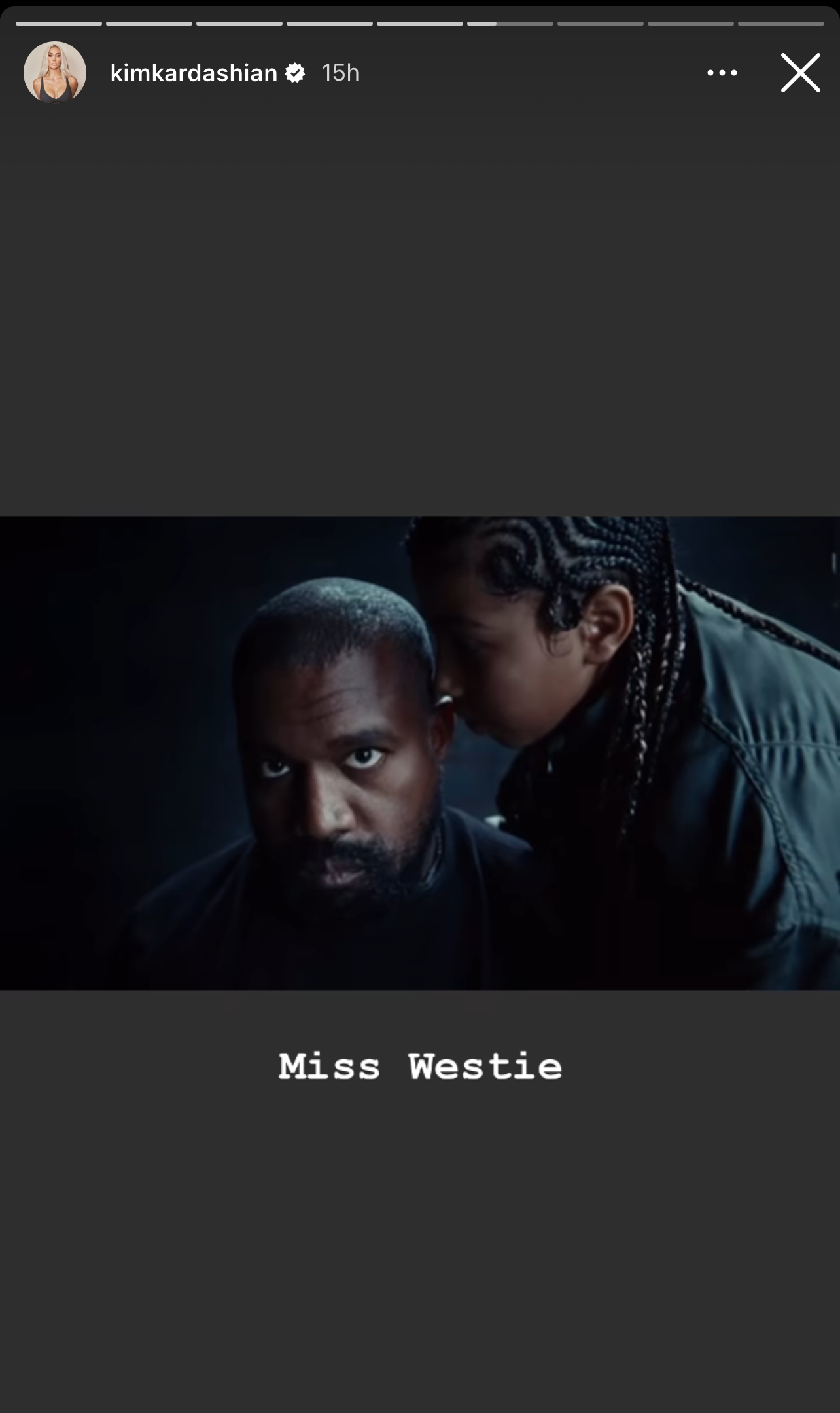 Kim's IG story showing Ye and North and "Miss Westie" caption