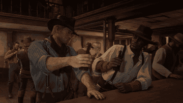 Two video game cowboys drinking a beer at a bar.