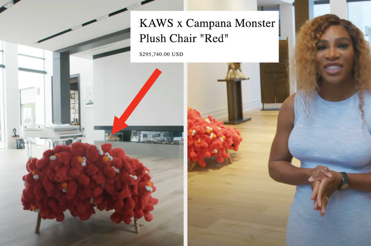 Serena Williams showing her art gallery, complete with an artful Elmo chair