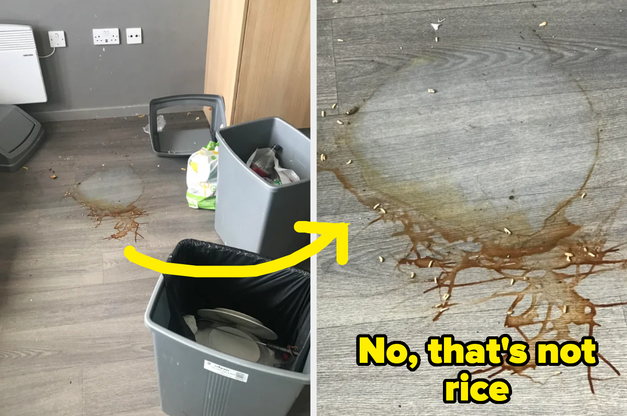 maggots around the trash can and sticky mess on the floor