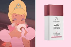charlotte from the princess and the frog putting on makeup on the left and drunk elephant rosy drops on the right