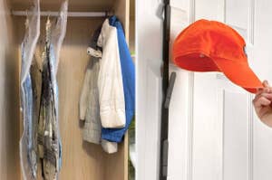 hanging space bags containing coats in closet, hat hung up on hook 